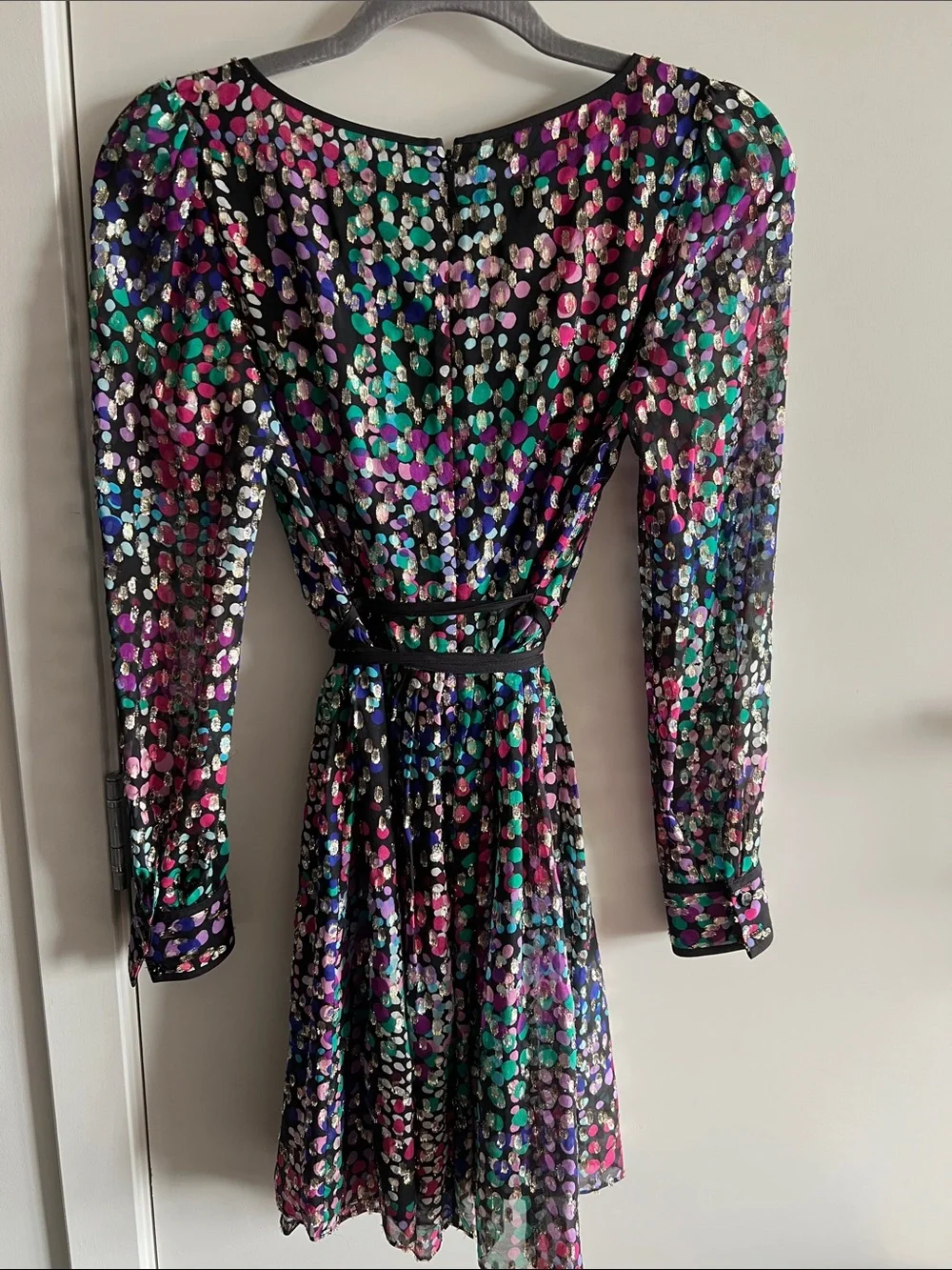 Like NEW! Kate Spade Black Multi Metallic Wrap Dress with fringe tie belt. 0.